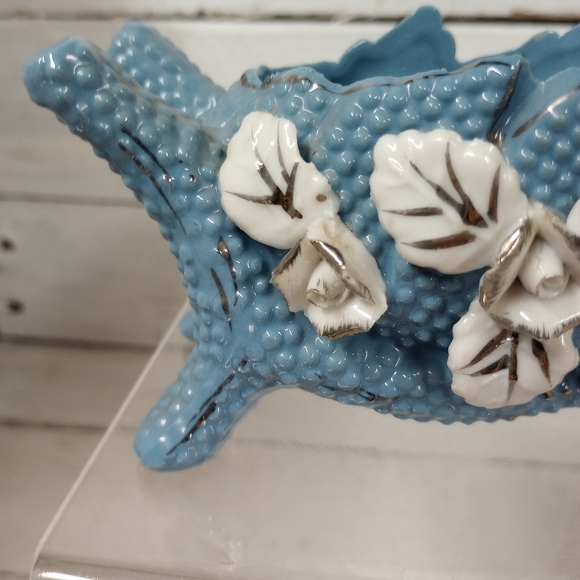 Vintage Pottery Wheelbarrow Planter Blue Silver Ceramic, Flowers, Succulents - Picture 2 of 12